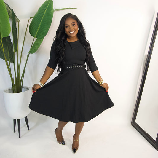 Amara Belted Midi Dress|| BLACK