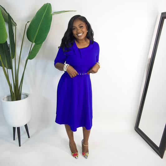 Amara Belted Midi Dress|| ROYAL BLUE