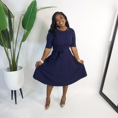 Adeline Collar Belted Dress|| NAVY
