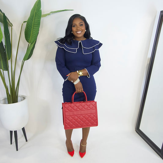 Miss Exvlusive Trim Collar Midi Dress||NAVY