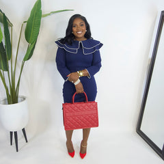 Miss Exvlusive Trim Collar Midi Dress||NAVY