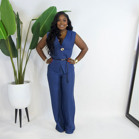 Milan Bloom Belted Vest Set ||NAVY