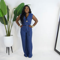 Milan Bloom Belted Vest Set ||NAVY