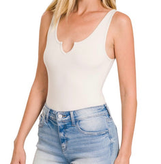 Second Skin Split-Neck Bodysuit|| BONE